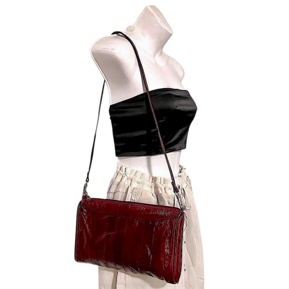 Burgundy Maroon Red Patchwork Snake Print Eel Leather Shoulder Clutch Pouch Bag